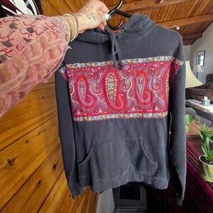 Navy Hoodie with Red Paisley Design Upcycled